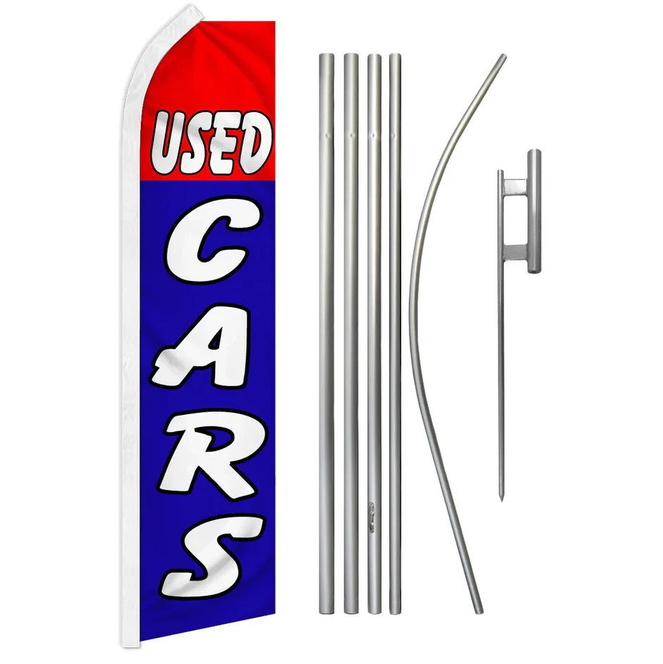 Used Cars Swooper Advertising Flag & Pole Kit (Red & Blue)