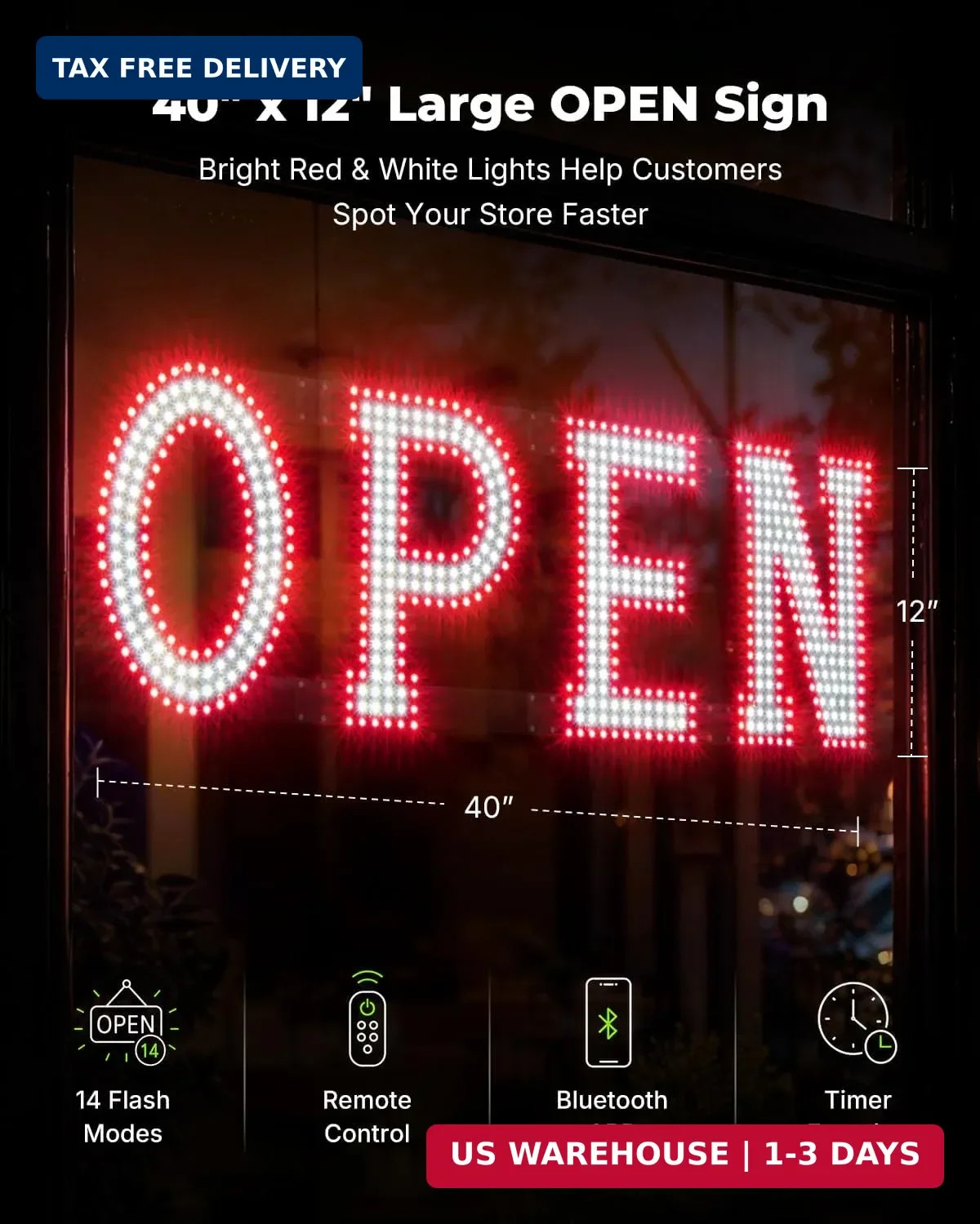 40 x 12 Inch LED Open Sign for Business – Timer via Remote & BT APP Control, Ult