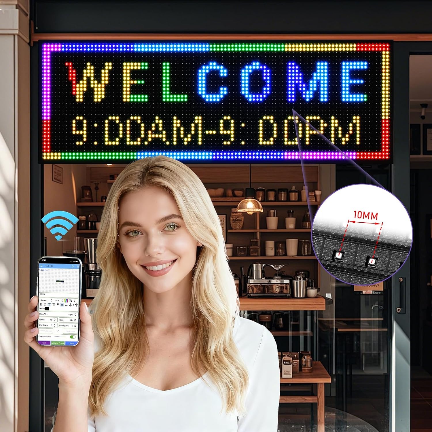 P10 Open Scrolling LED Sign, 39″X14″ Programmable Digital Message Board, IP65 Wa