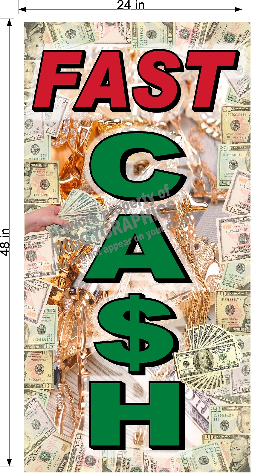NEW PERFORATED WINDOW VINYL DECAL FAST CASH PAWN 2′ X 4′ LARGE GRAPHIC VERTICAL
