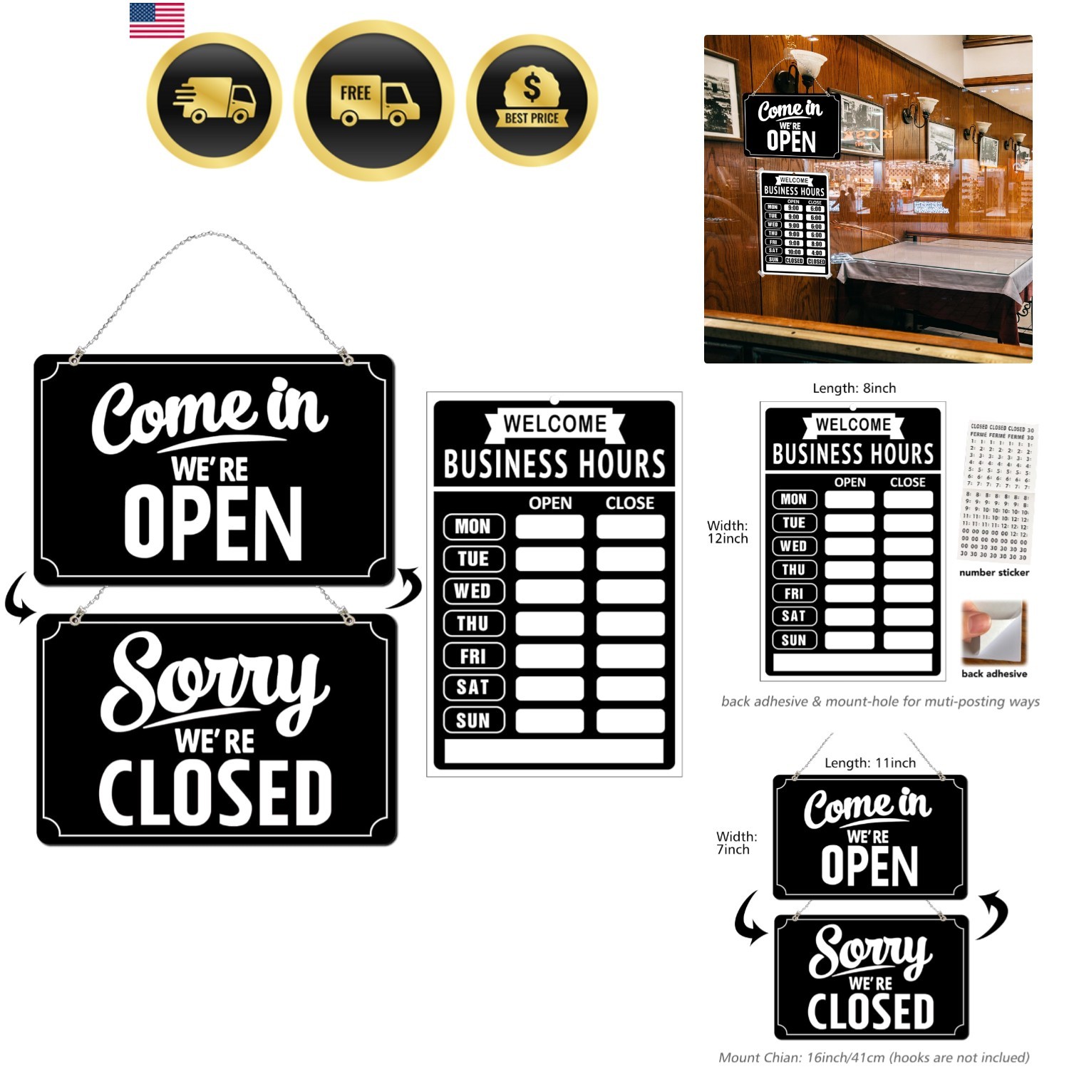 Open Closed Signs Business Hours Sign Set for Window Door Open Signs for Busi…