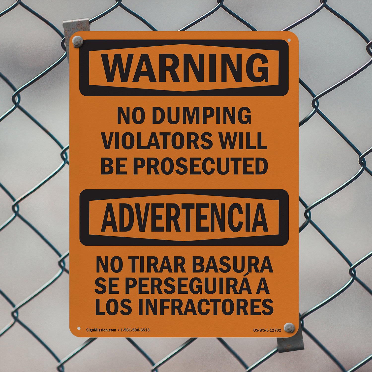 No Dumping Violators Prosecuted Bilingual OSHA WARNING Sign, Decal 5 or 10 Pack