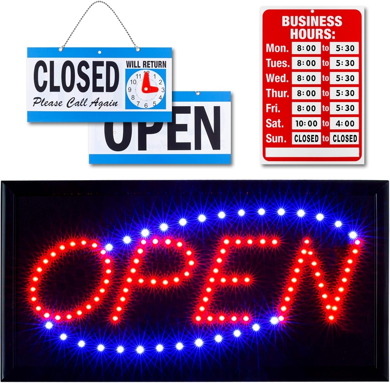 Wall Mounted LED Open Sign with Flashing Mode and Business Hours for Office