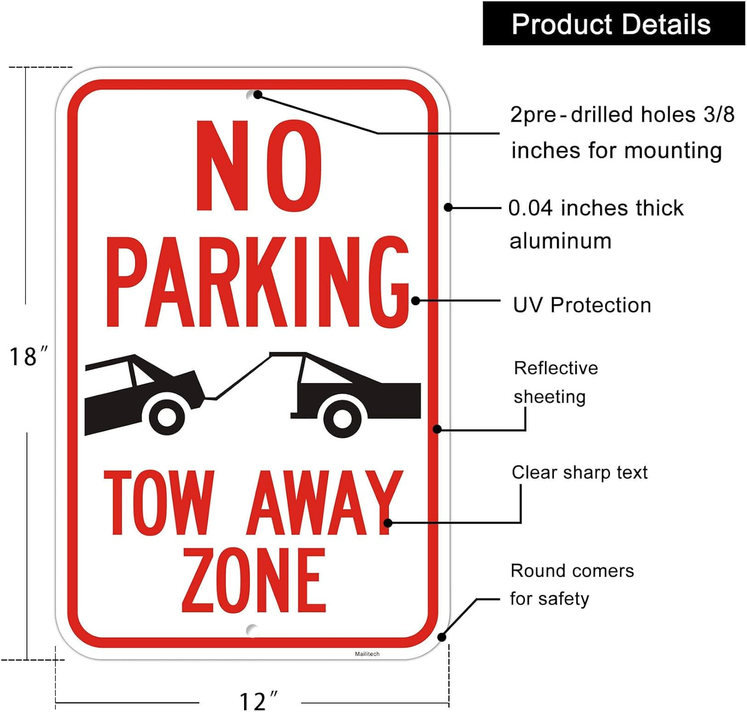 Large 4-Pack No Parking Tow Away Zone Sign – Reflective Aluminum 12×18 Inches