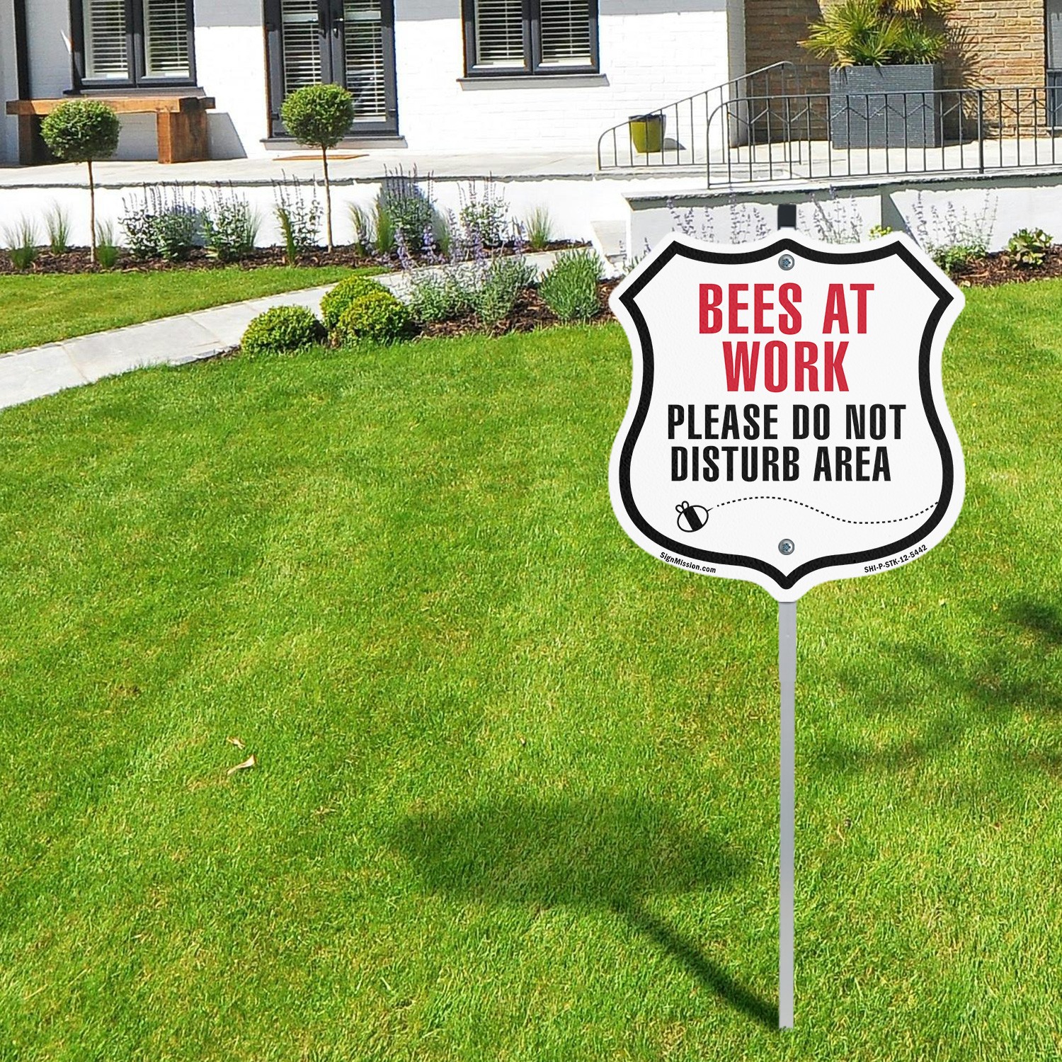 Bees At Work Please Do Not Disturb Area Shield Shaped Sign With Stake