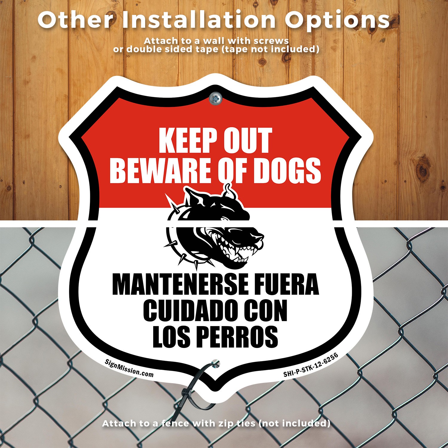 Keep Out Beware of Dogs Bilingual English Spanish Shield Shaped Sign With Stake