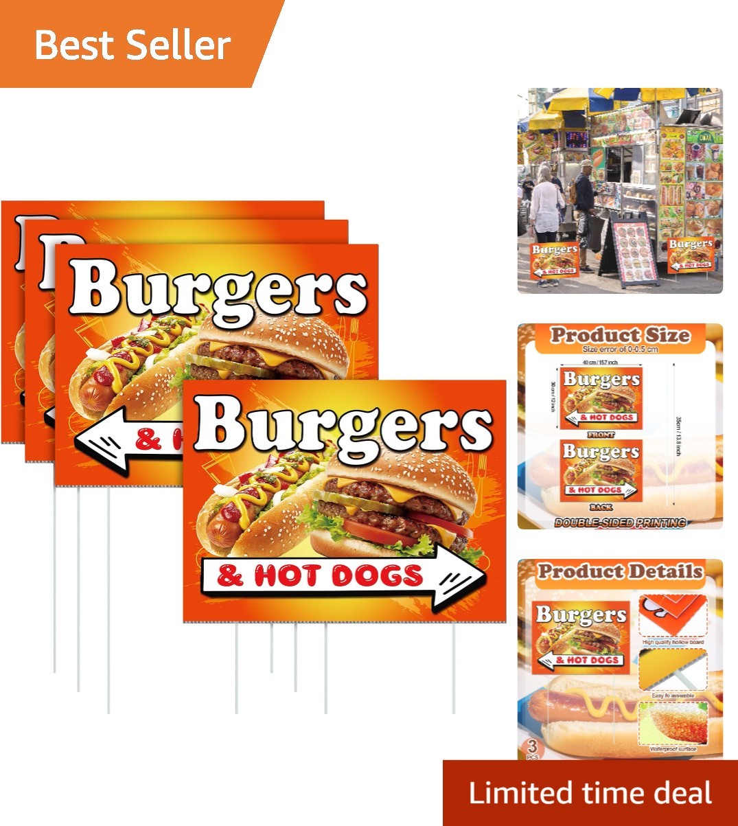 3 Pack Eye-Catching Burgers & Hot Dogs Yard Signs 15.7 x 12 Inches for Outdoors