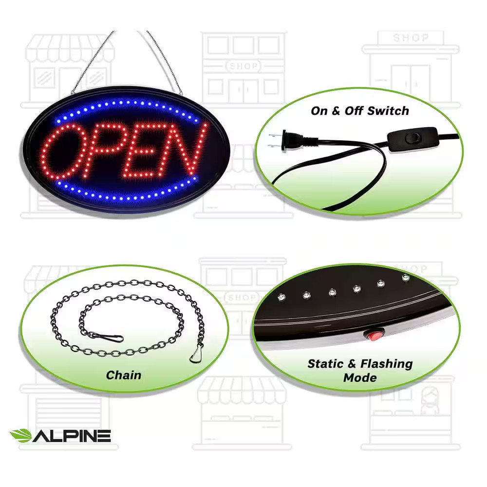 23 In. X 14 In. LED Oval Open Sign with Hanging Chain, Bright High Visibility