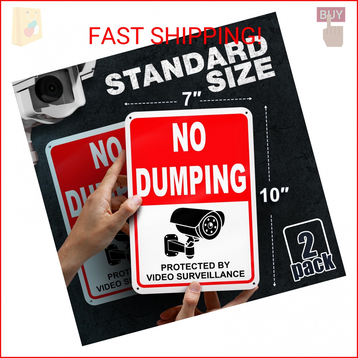 2 PC No Dumping Signs, Reflective 7 x 10 Aluminum No Littering Signs with Video