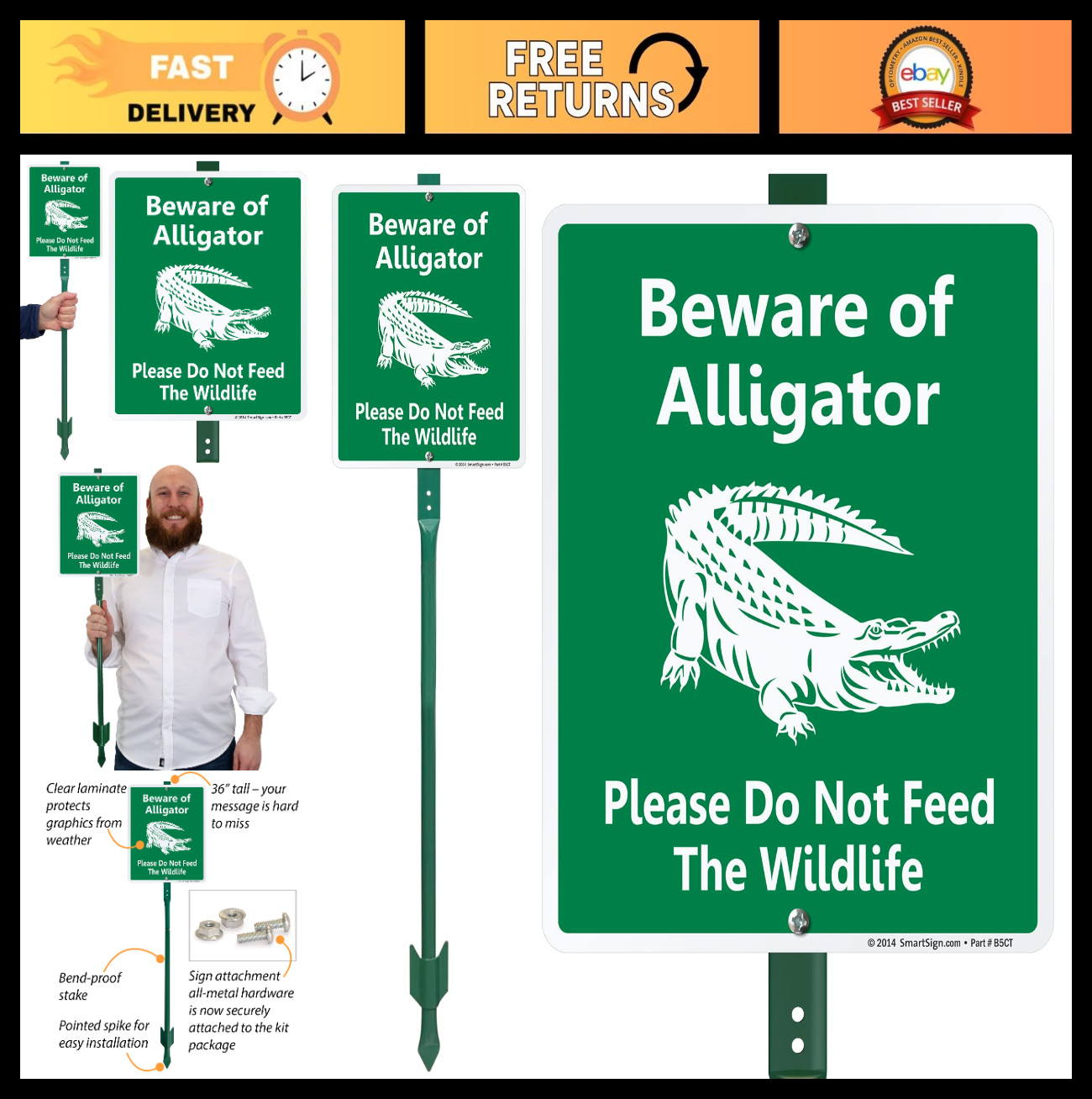 Beware of Alligator Lawn Sign – Do Not Feed Wildlife, 12x10in, Rustproof Aluminu