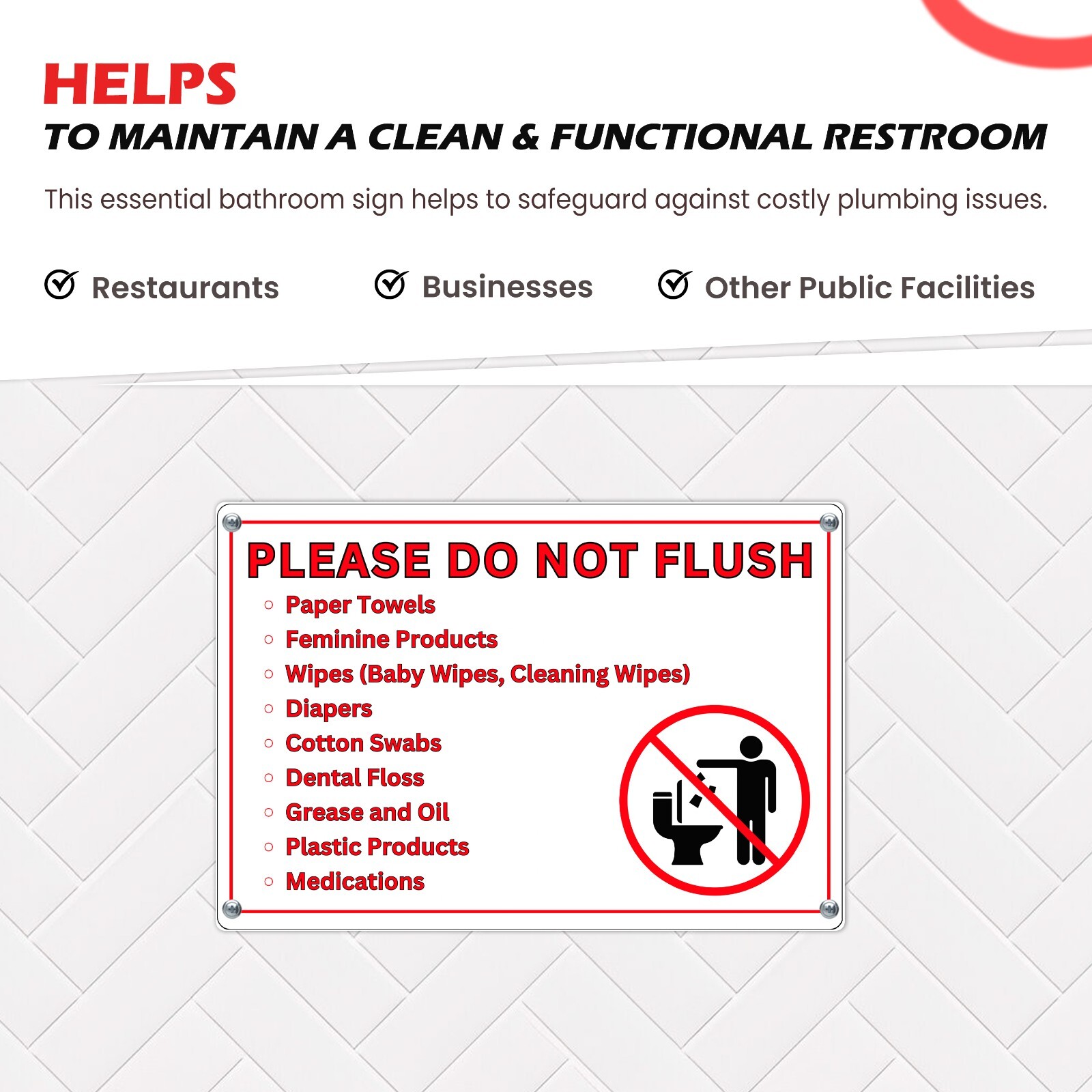 Please Do Not Flush Sign for Bathroom, 10 x 7 Inch Plastic, Adhesive, 1 Sign