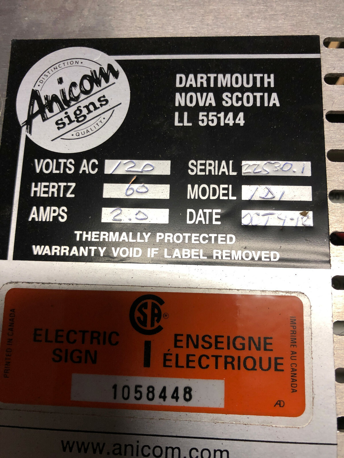Sign control Anicom Signs 120 Volts AC 60 Hz 2.0 Amps Model 1D1 Enclosure Box