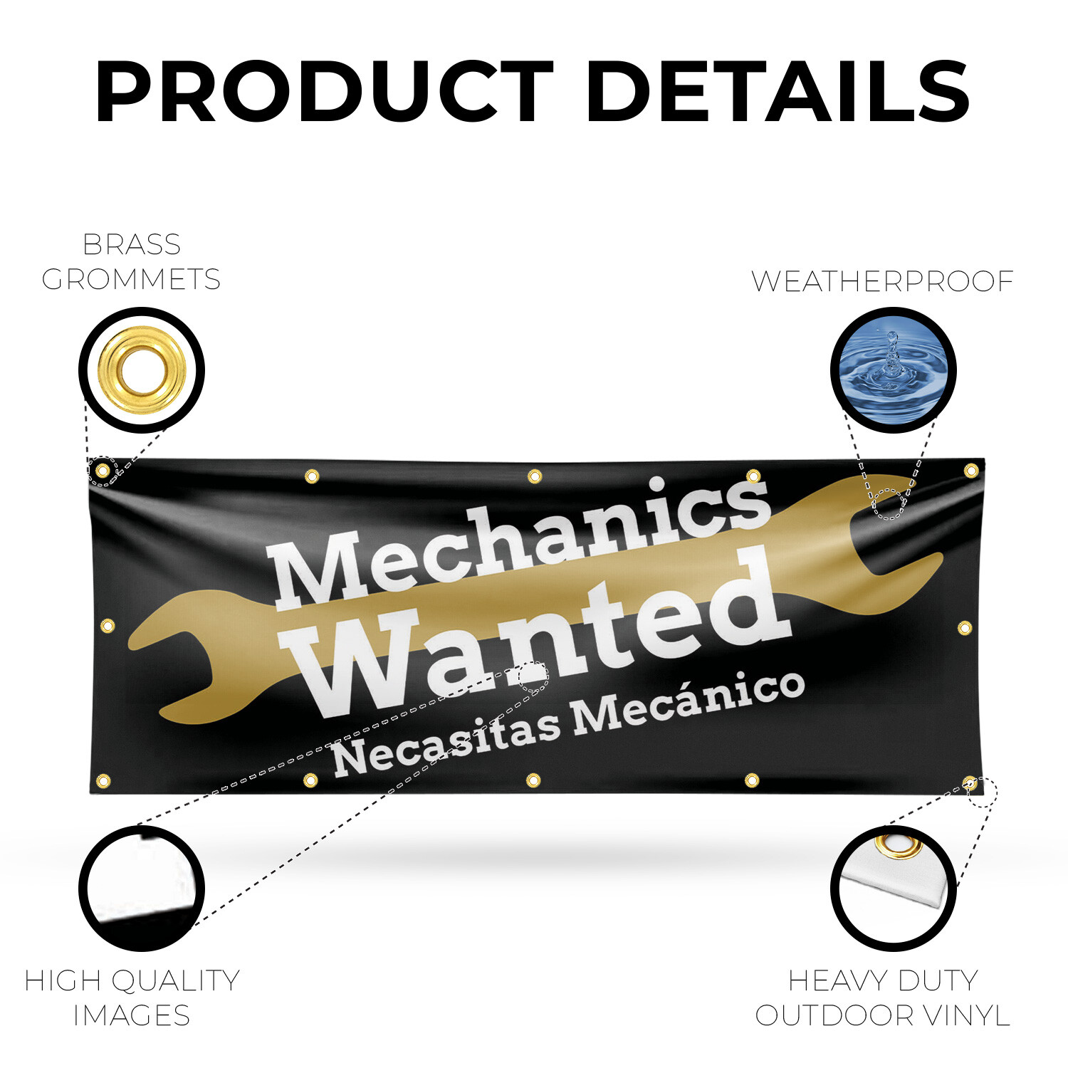 Mechanics Wanted English Spanish Vinyl Banner Sign with Metal Grommets