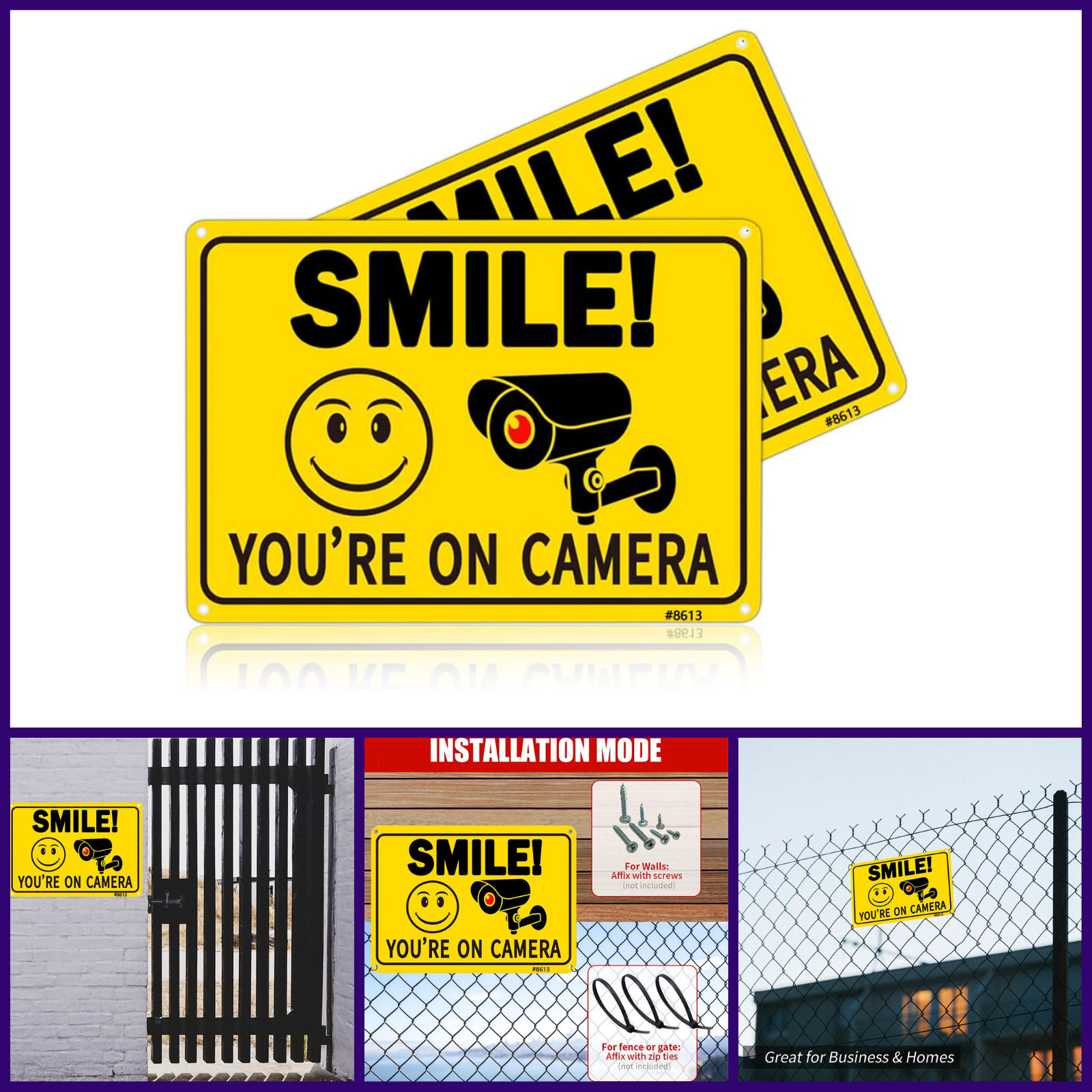 2 Pack Smile Youre On Camera Security Signs 10 x 7 Inch Rust Free Aluminum UV