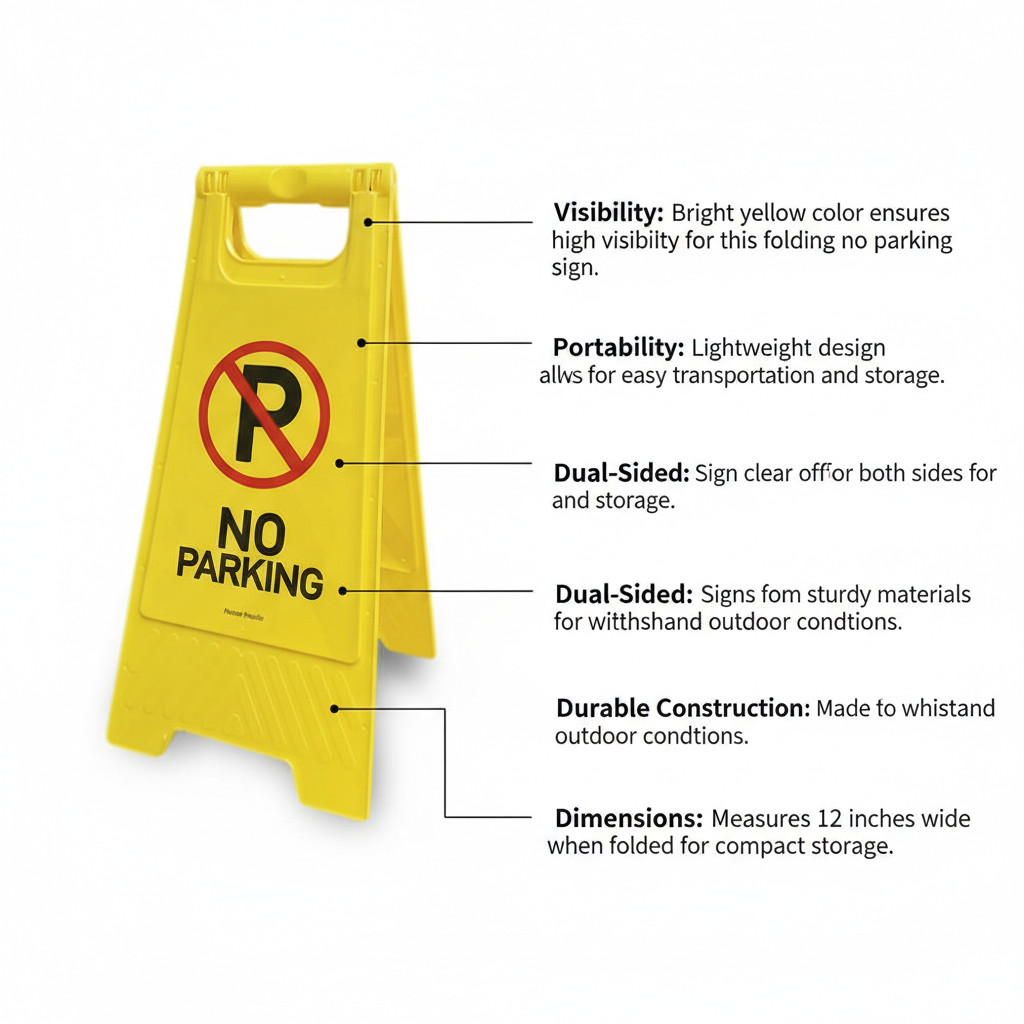 Yellow No Parking Sign, Two-Sided Folding Floor Sign, 24×12 Inches, Plastic