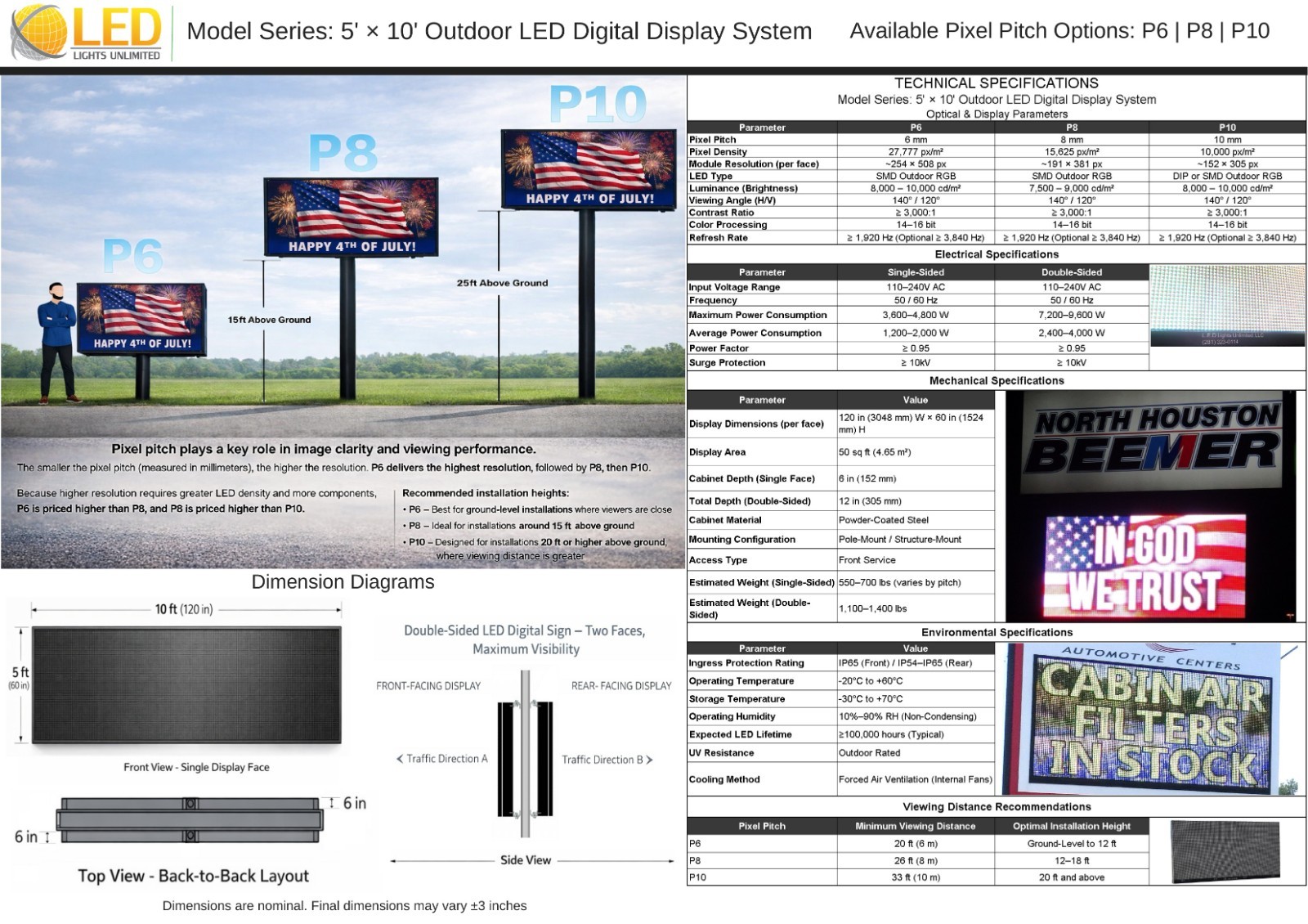5′ x 10′ P10 Outdoor Double-Sided Full-Color LED Billboard Sign 5 Years Warranty