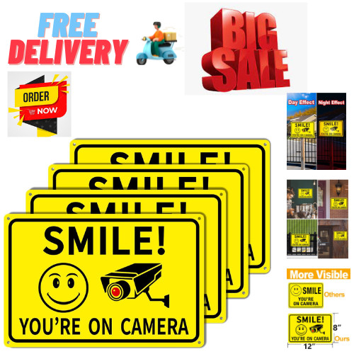 4-Pack Smile Youre On Camera Signs 8×12 Rust Free Aluminum Video Surveillance