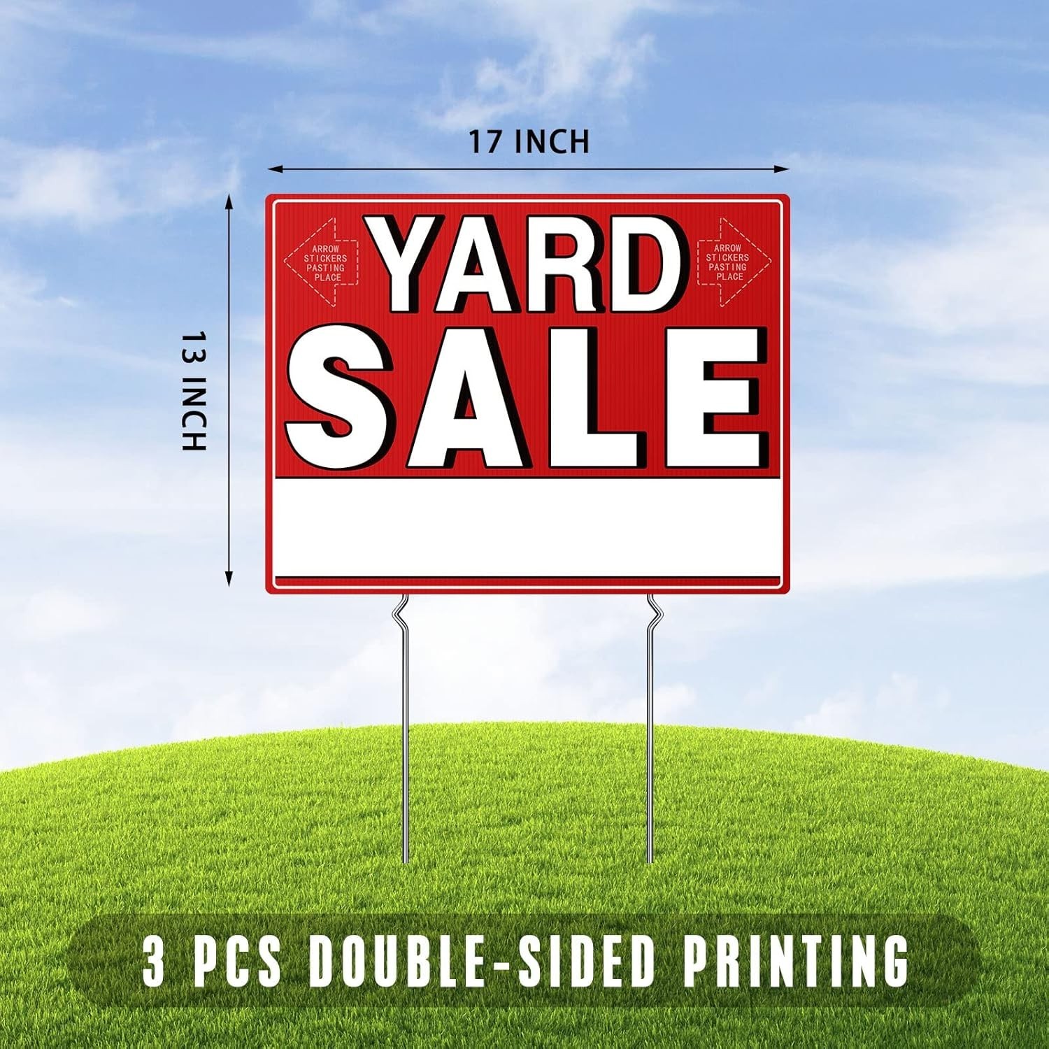 Yard Sale Signs 3 Pack Weatherproof Plastic 17×13 Inches with Stakes and Arrows