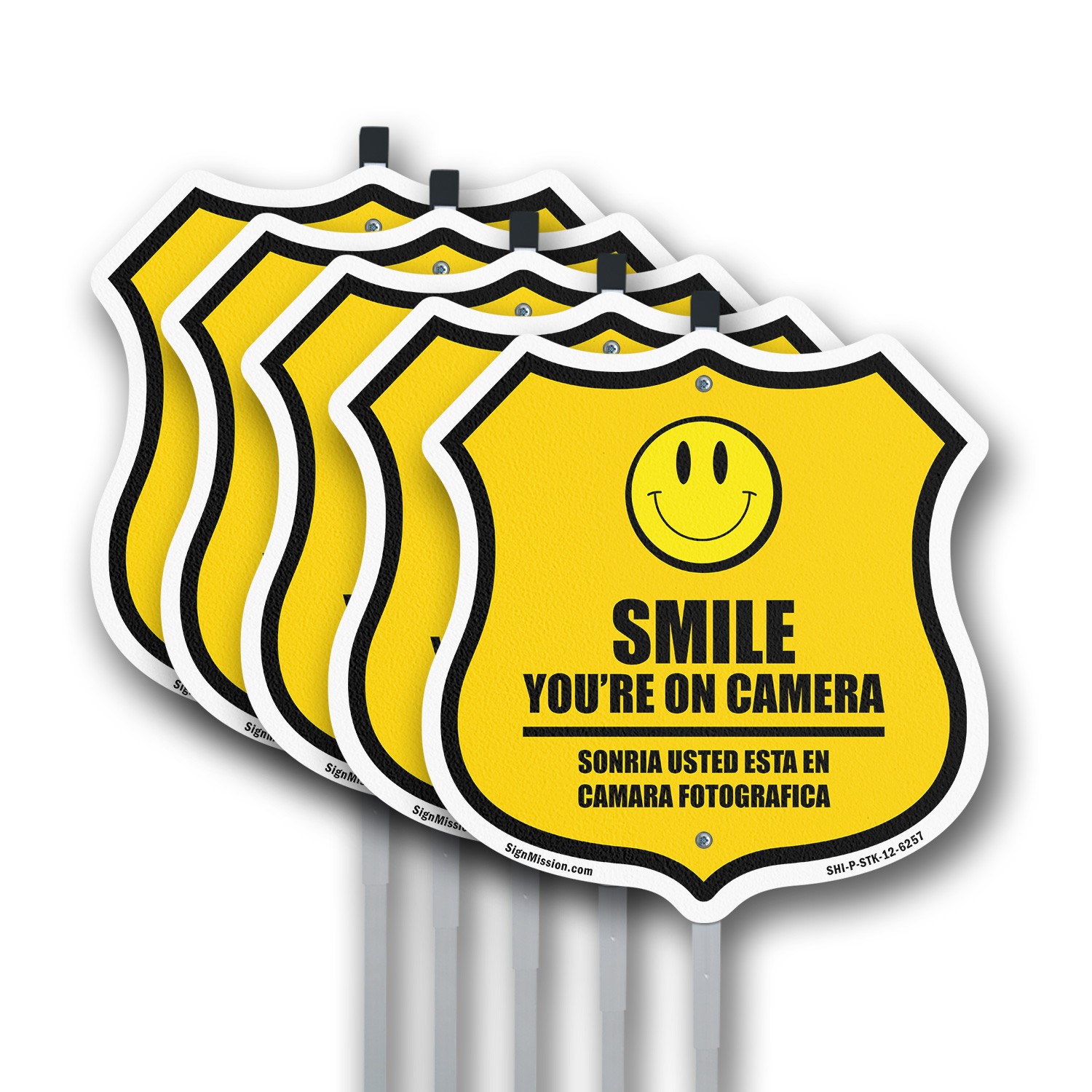 Smile You’re On Camera Bilingual English / Spanish Shield Shaped Sign With Stake