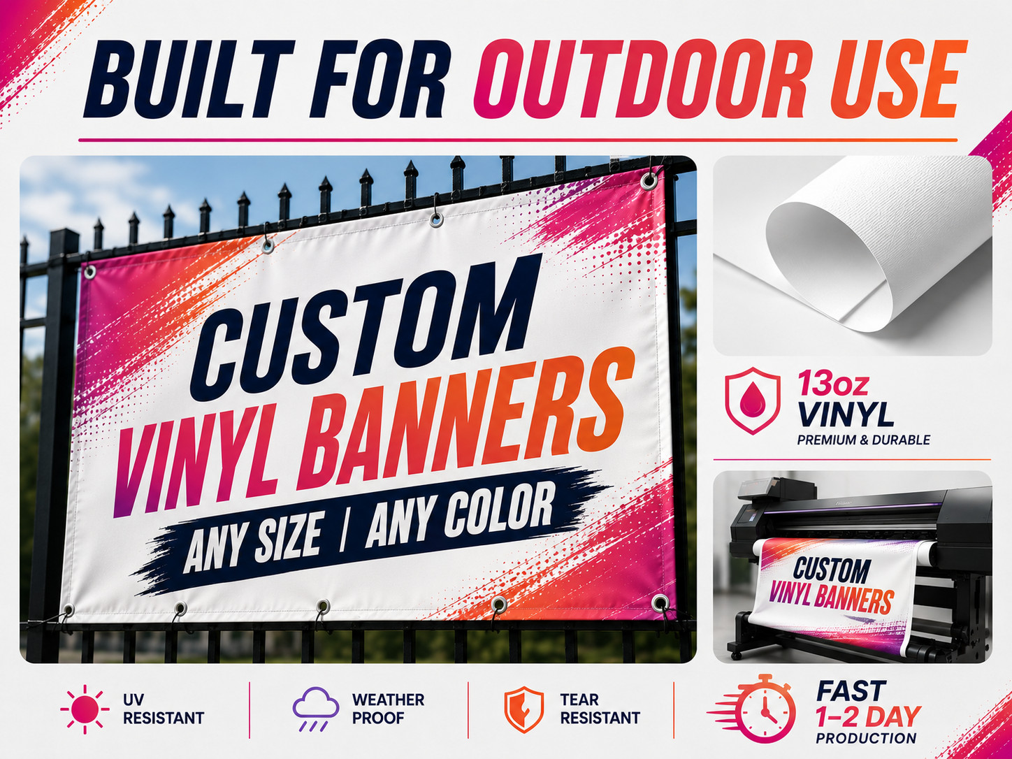 Custom Vinyl Banner Waterproof UV Resistant 13oz Heavy Duty Fast Production USA
