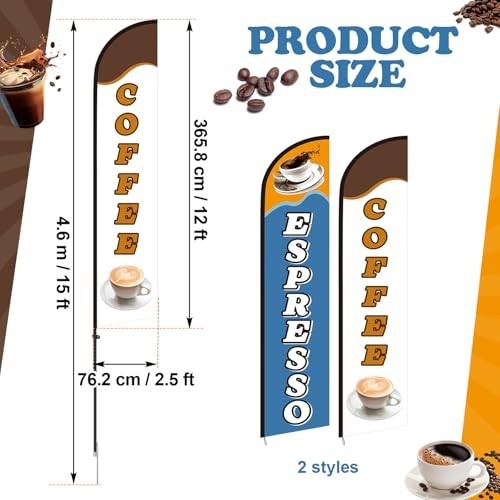 2 Set Coffee Feather Flags 15 Ft Swooper Kit – Windless Espresso Sign for Shops