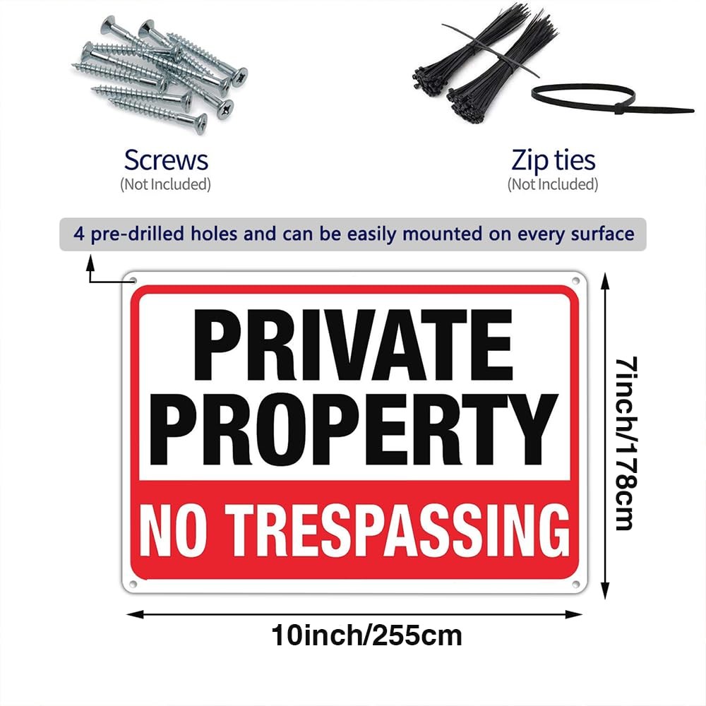 4-Pack No Trespassing Signs Private Property Metal Sign 10 x 7 In Aluminum