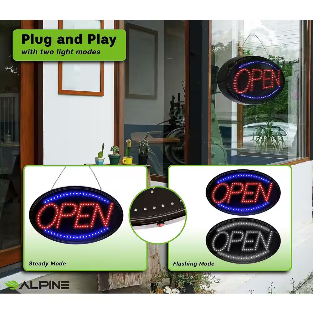 23 In. X 14 In. LED Oval Open Sign with Hanging Chain, Bright High Visibility