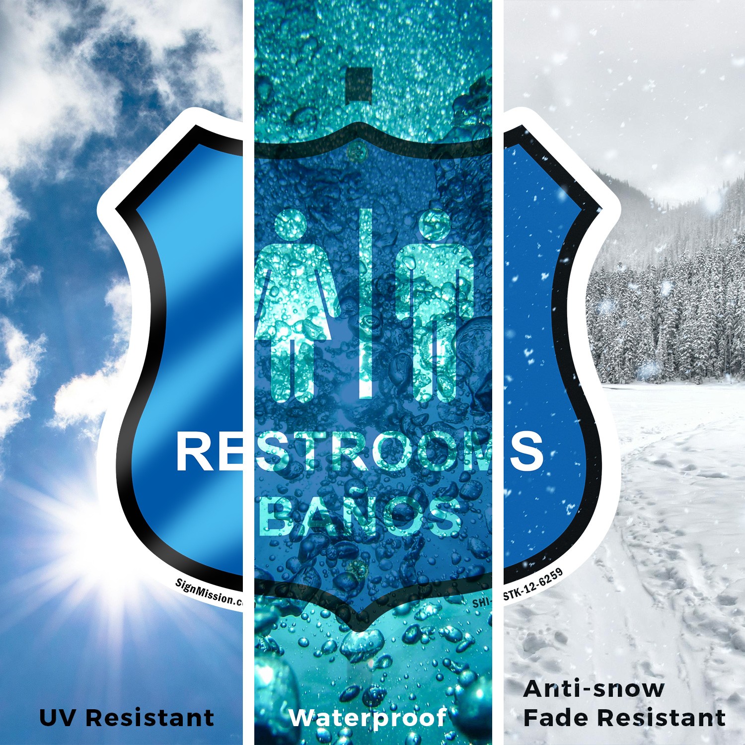 Restrooms Ba�os Bilingual English / Spanish Shiel Shaped Sign With Stake