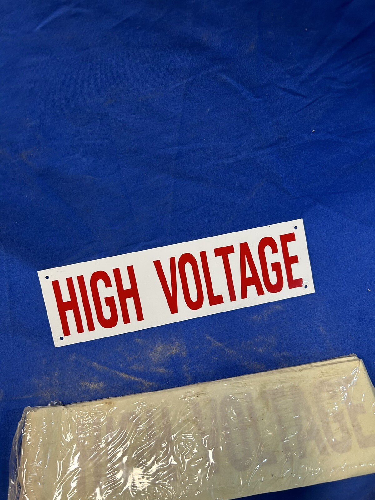 Nos Vintage Double sided white and red High voltage tin sign 12″ x 3.5″