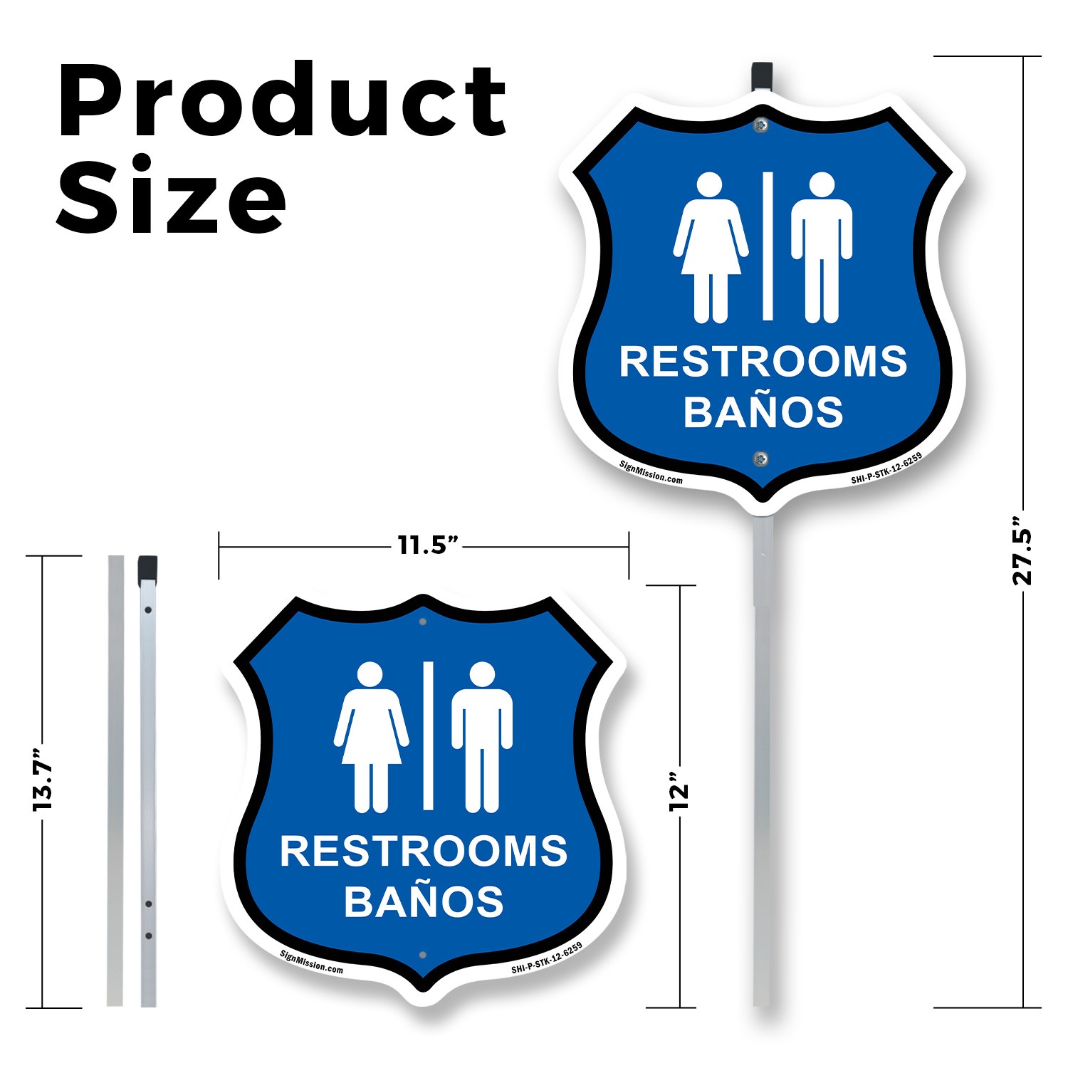 Restrooms Ba�os Bilingual English / Spanish Shiel Shaped Sign With Stake