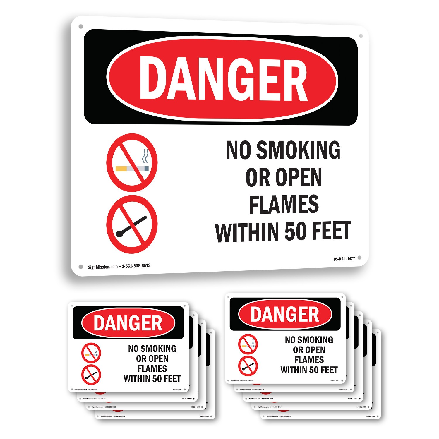 No Smoking Or Open Flames Within 50 Feet OSHA Danger Sign, Decal 5 or 10 Pack