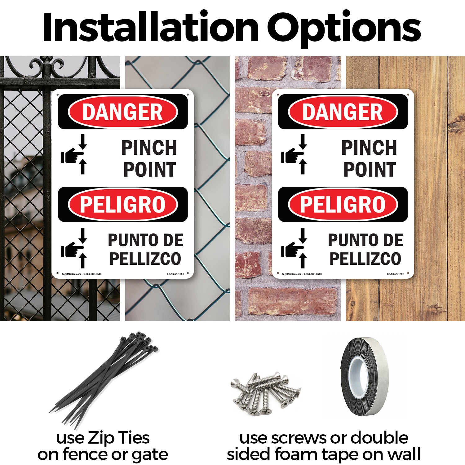 Pinch Point Bilingual OSHA Danger Sign Metal, Plastic, Or Decal – 5 or 10 Pack