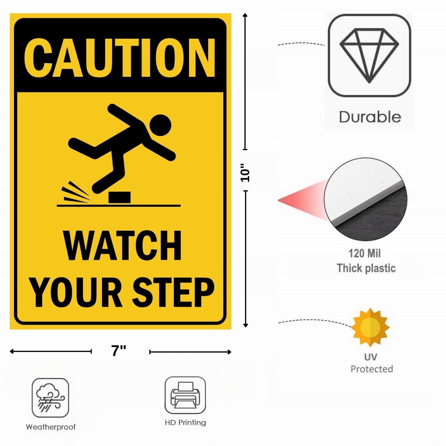 (2 Pack) Caution Watch Your Step Signs, 10 x 7 Inches, 120 Mil Plastic, UV Pr…