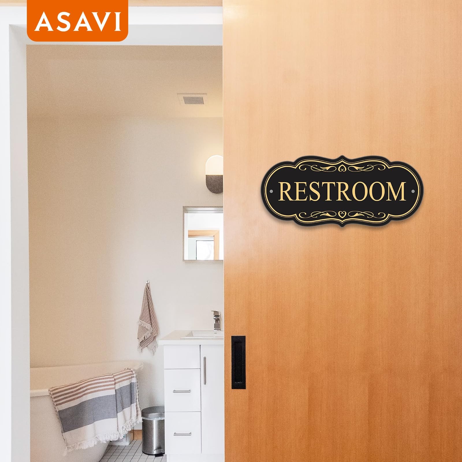 Restroom Sign 8×3.5 Inch Waterproof Acrylic SelfAdhesive Black Gold Decor