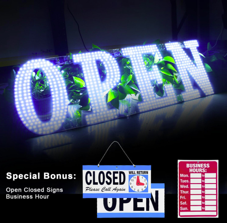 30″X10″ Large LED Open Signs for Business Super Bright Unique Design White Open