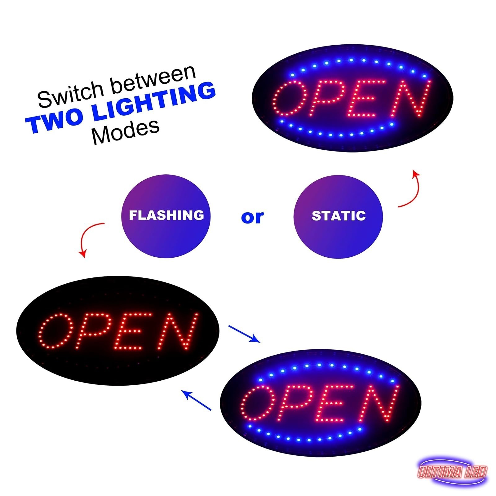 Neon Open Sign for Business: Oval LED Sign with Flashing Mode for Stores – Inclu