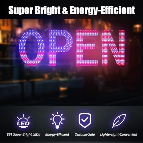 Large LED Open Sign for Business – 40″x14″ Ultra Bright Light, 3 Modes, US Flag