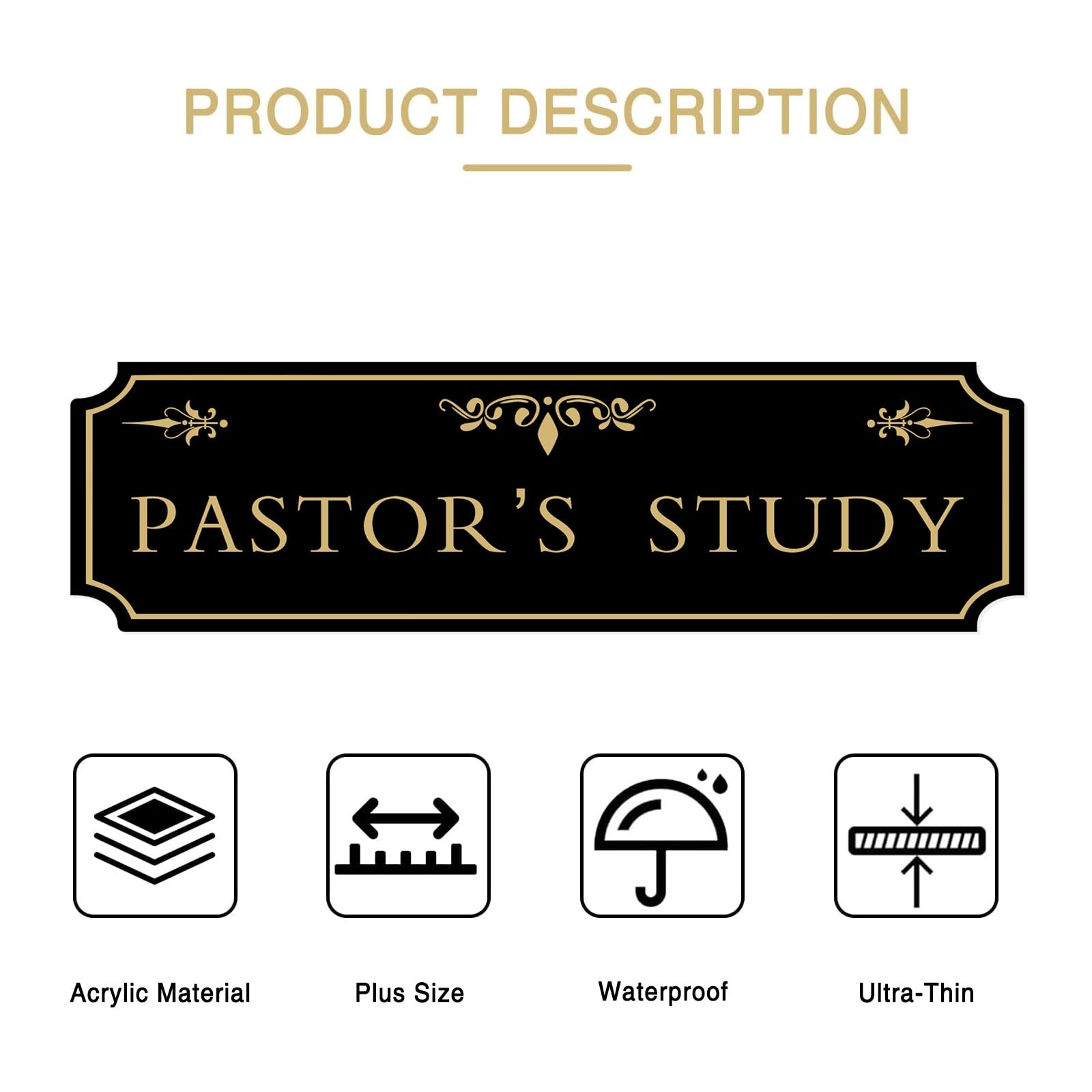 Pastor’s Study Sign Door Black Gold Acrylic Plaque 12.5×4.45 Inch Decor