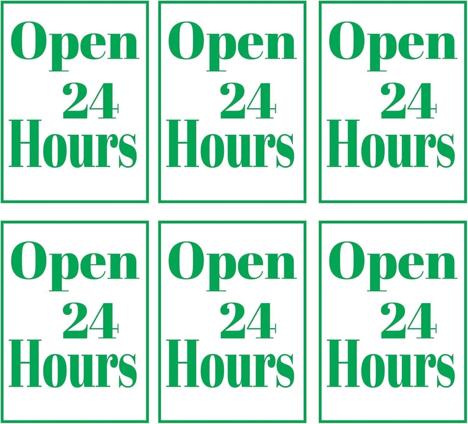 Open 24 Hours Retail Window Display Paper Signs | Pack of 6 | 18″w x 24″h