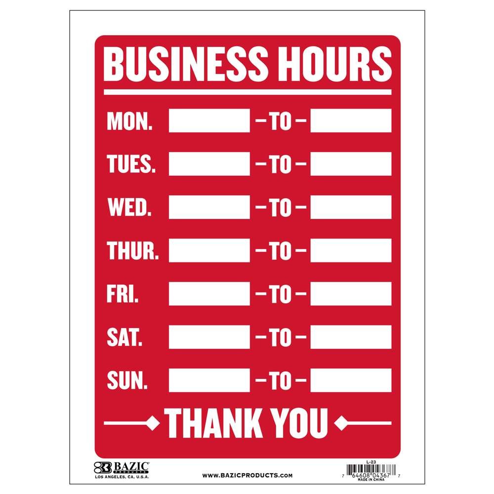 BAZIC 12″ X 16″ Business Hours Sign, pack of 24