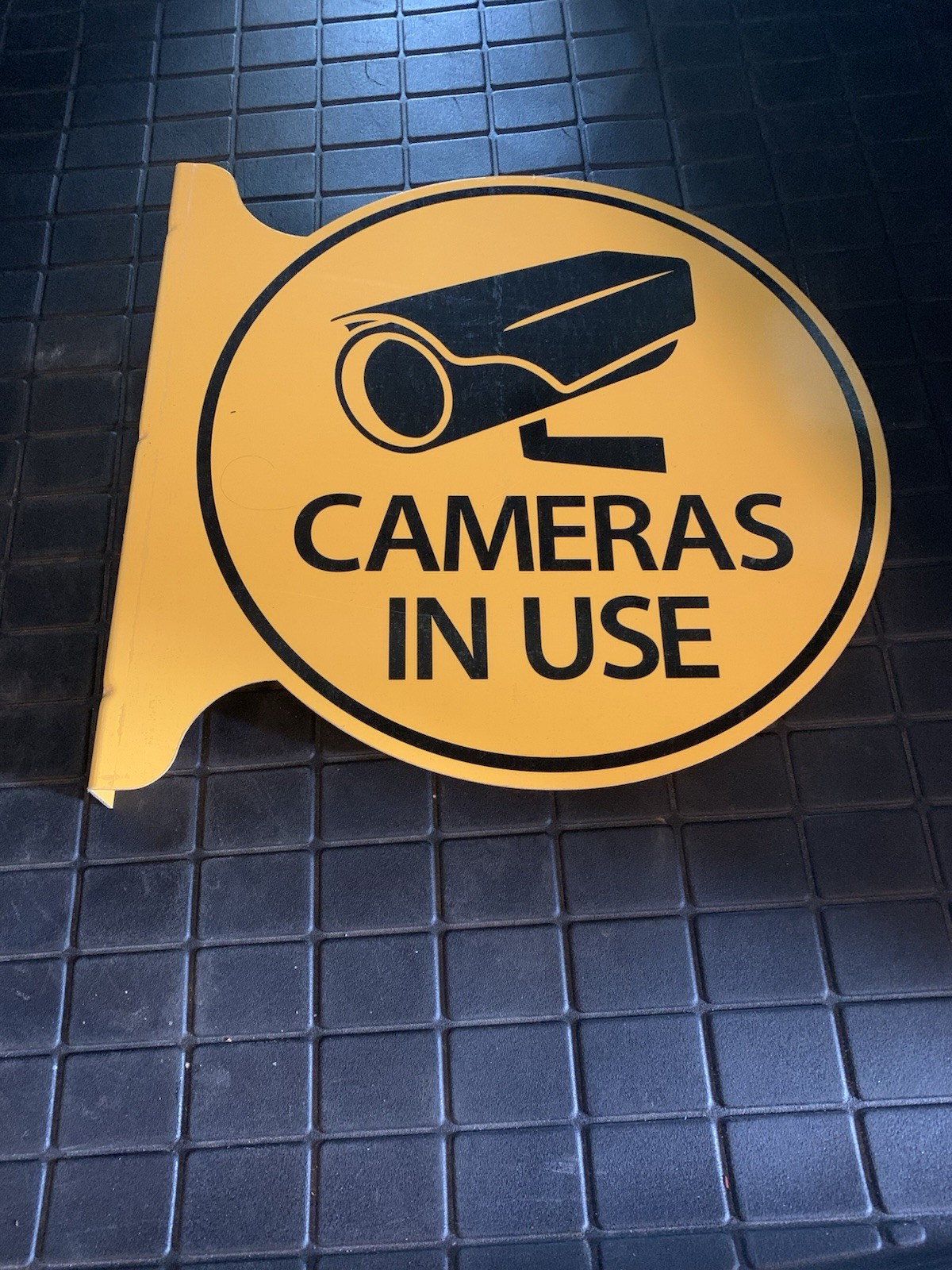 Cameras In Use Flange Sign 19” 3lbs Yellow Security Vintage Metal Business Home