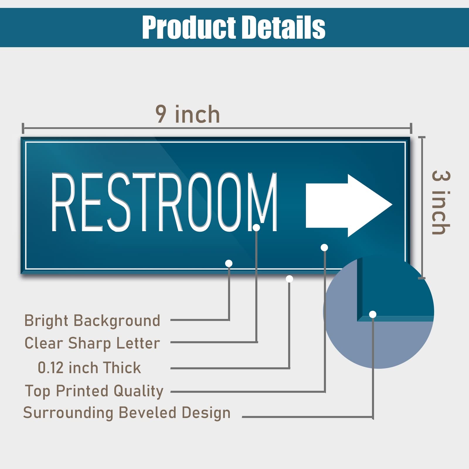 Blue 9×3 Inch Restroom Right Arrow Directional Sign SelfAdhesive Wall Signage