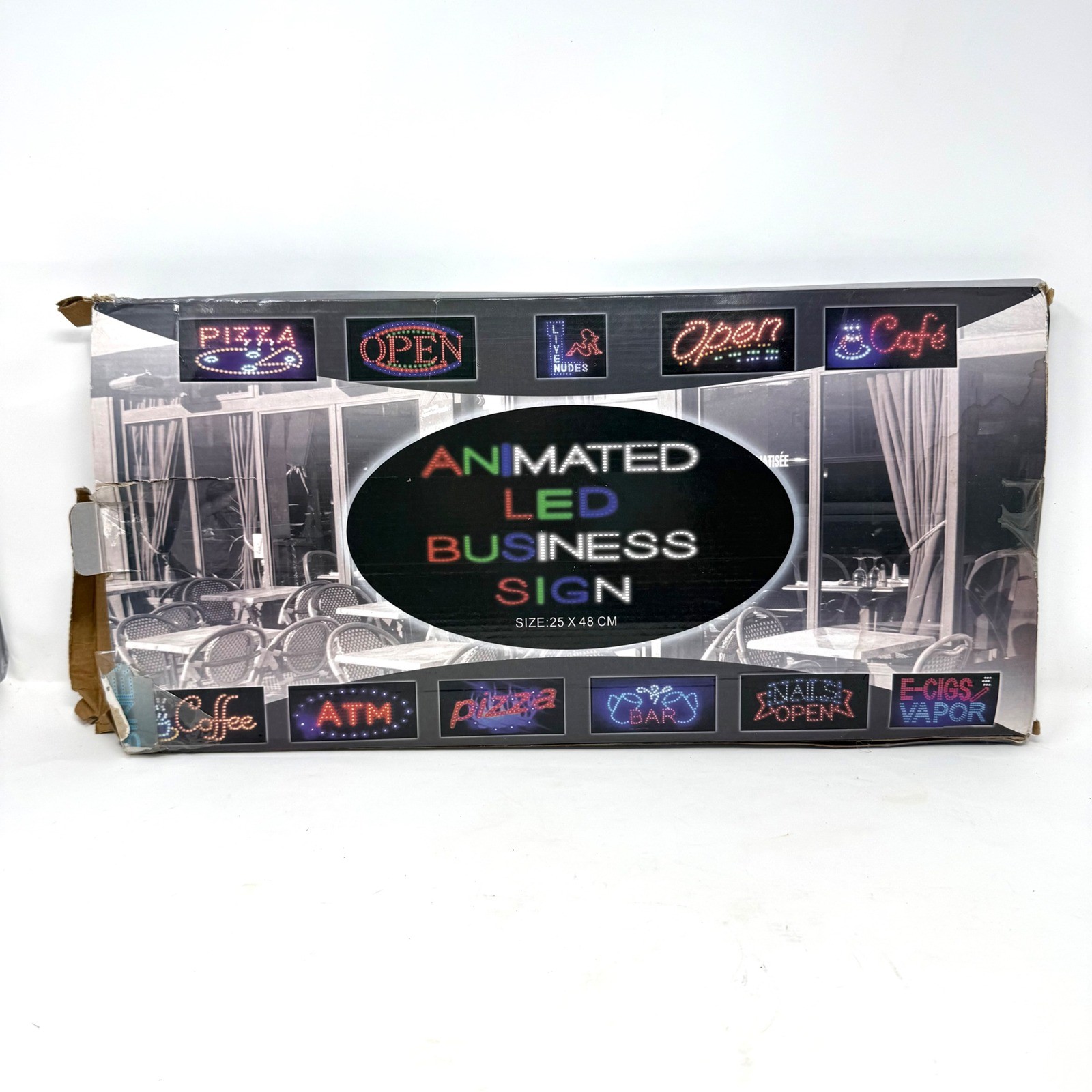 Animated LED Open Sign Oval Blue Red Flashing Business Storefront 25x48cm AC