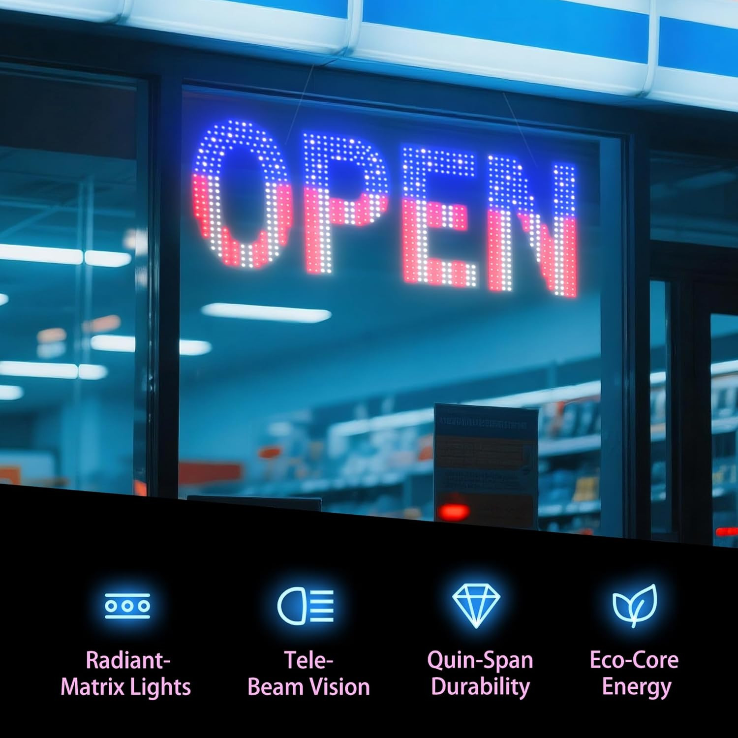 Bright USA Flag LED Open Sign for Business – 40″x14″ Adjustable Light Up Sign