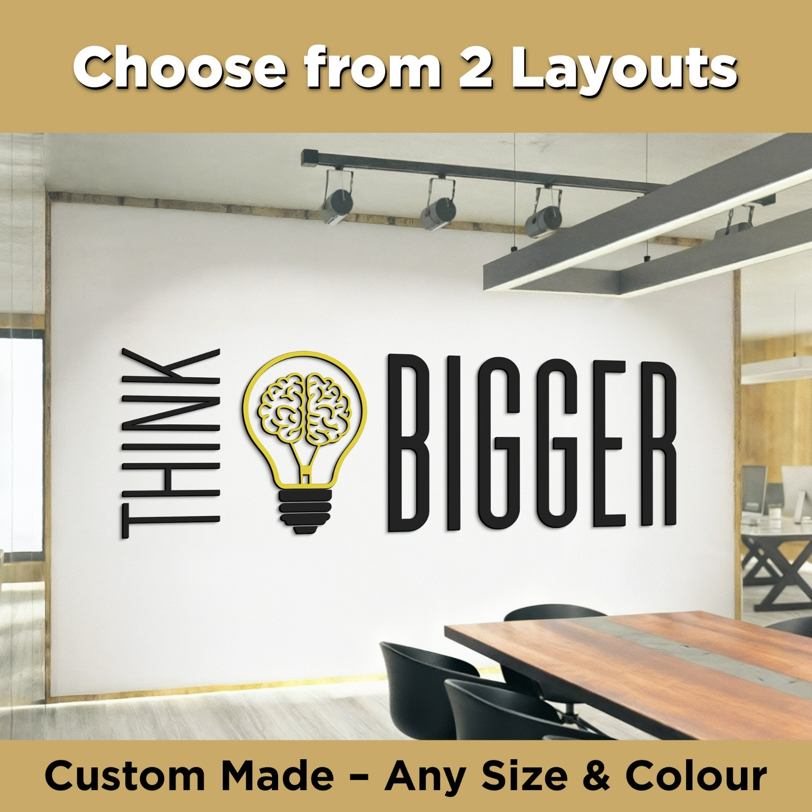 THINK BIGGER 3D Wall Sign – Laser Cut Wooden Motivational Quote – Custom Colors