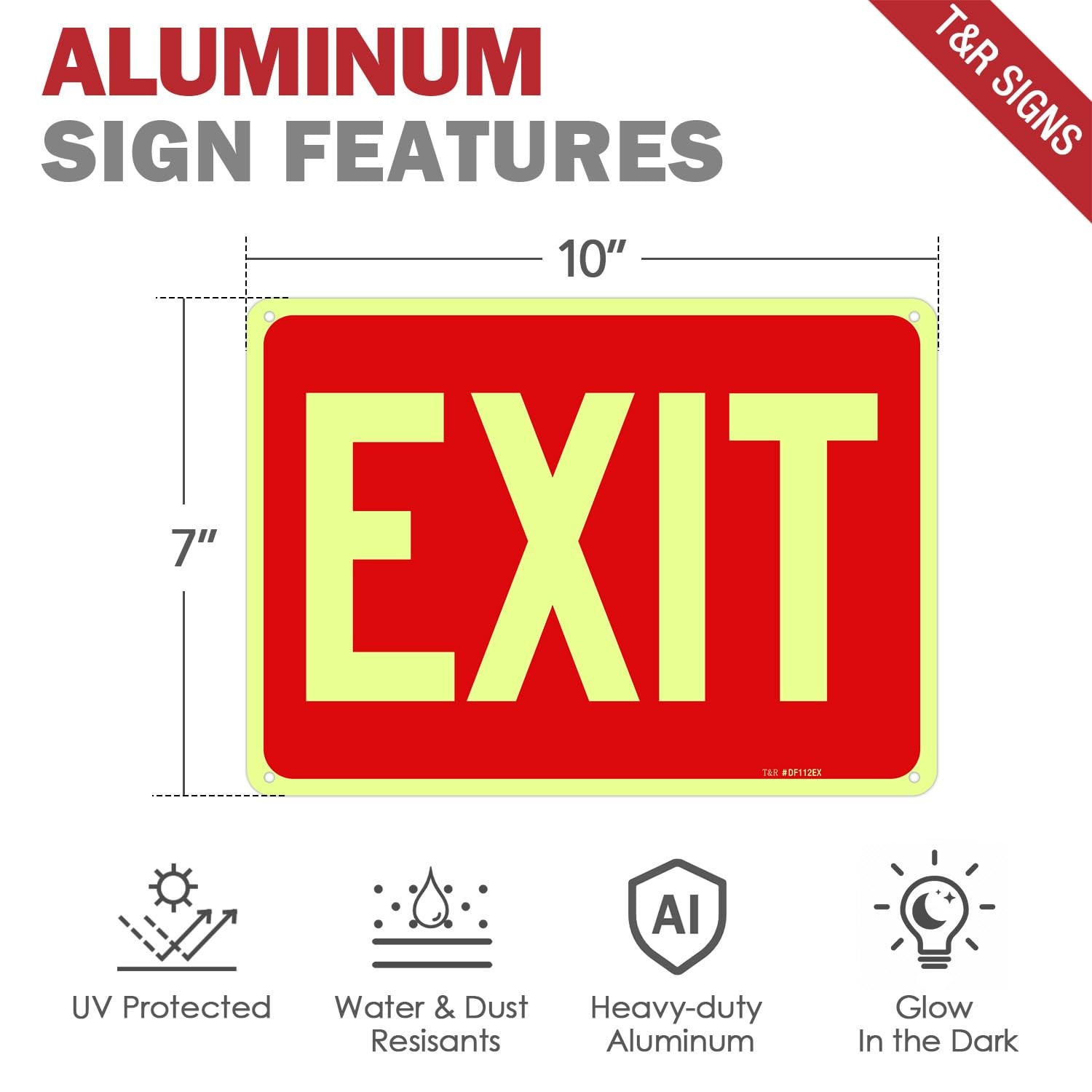 T&R Exit Sign – 2 Pack – 10 x 7 Inches Rust Free .040 Aluminum Glow-In-The-Da…