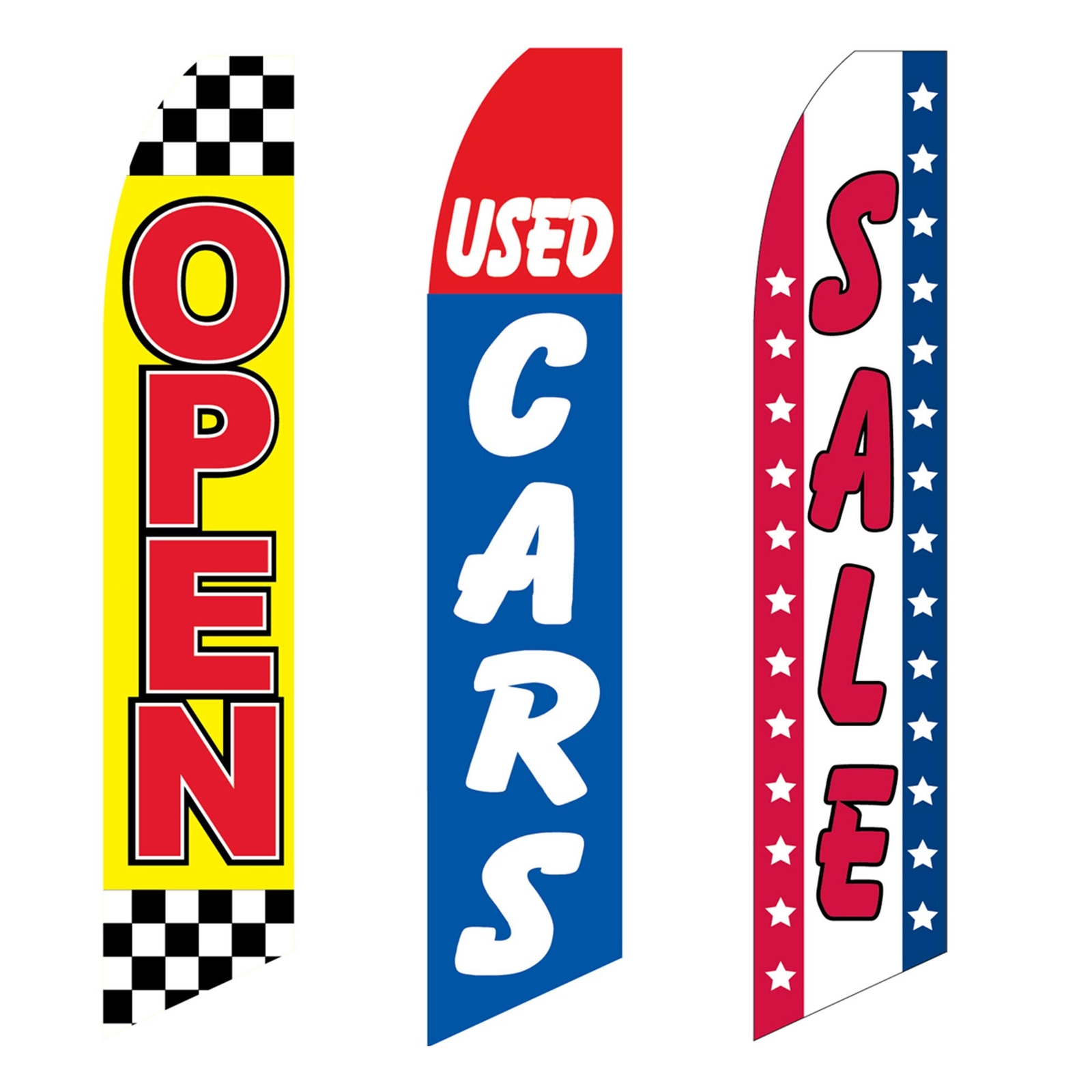 Three Swooper Flag Combo Open Used Quality Cars Sale Red Yellow Black Blue White