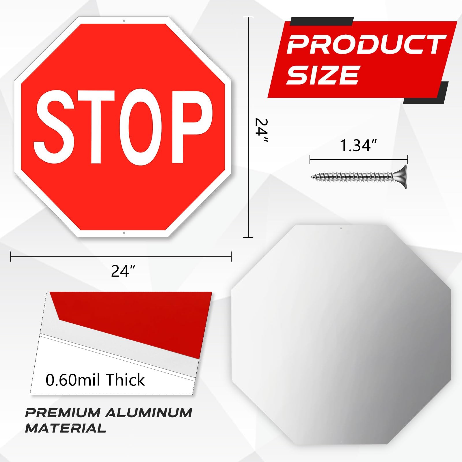 2 Pcs 24 x 24 Inch Stop Sign, Large Reflective Aluminum Street Road Signs for…