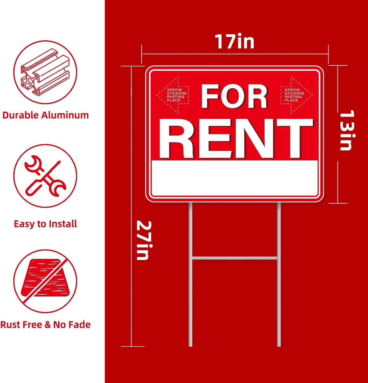 GXGGUS For Rent Signs with Stakes,1 PCS 17″ x 13″ Double-Sided Signs, H-Metal
