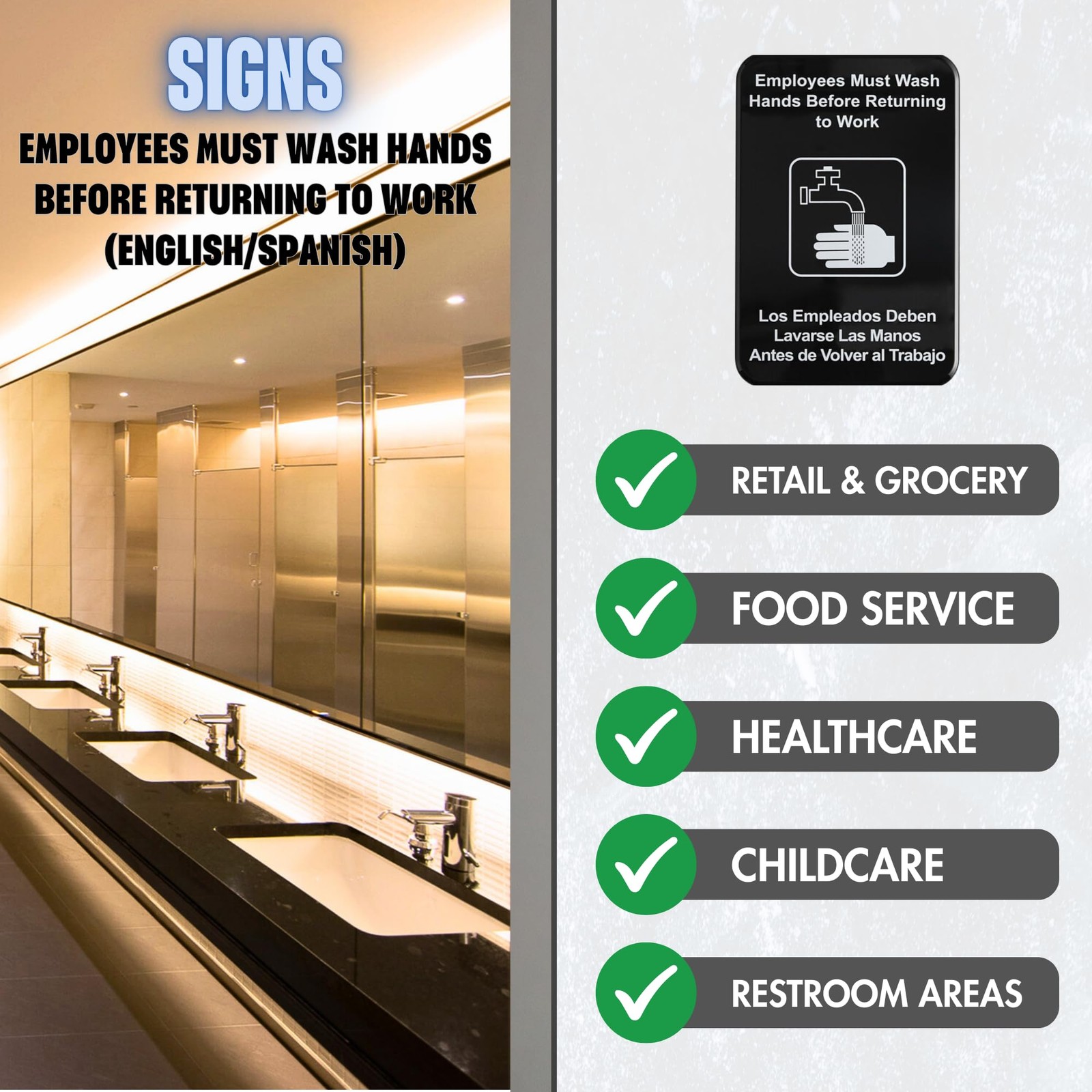 Employees Must Wash Hands Before Returning To Work Sign English Spanish w/ Ad…